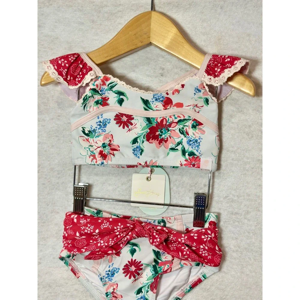 SweetHoney Girls Floral Ruffle Two Piece Swimsuit Bikini Set Red White Blue 3T